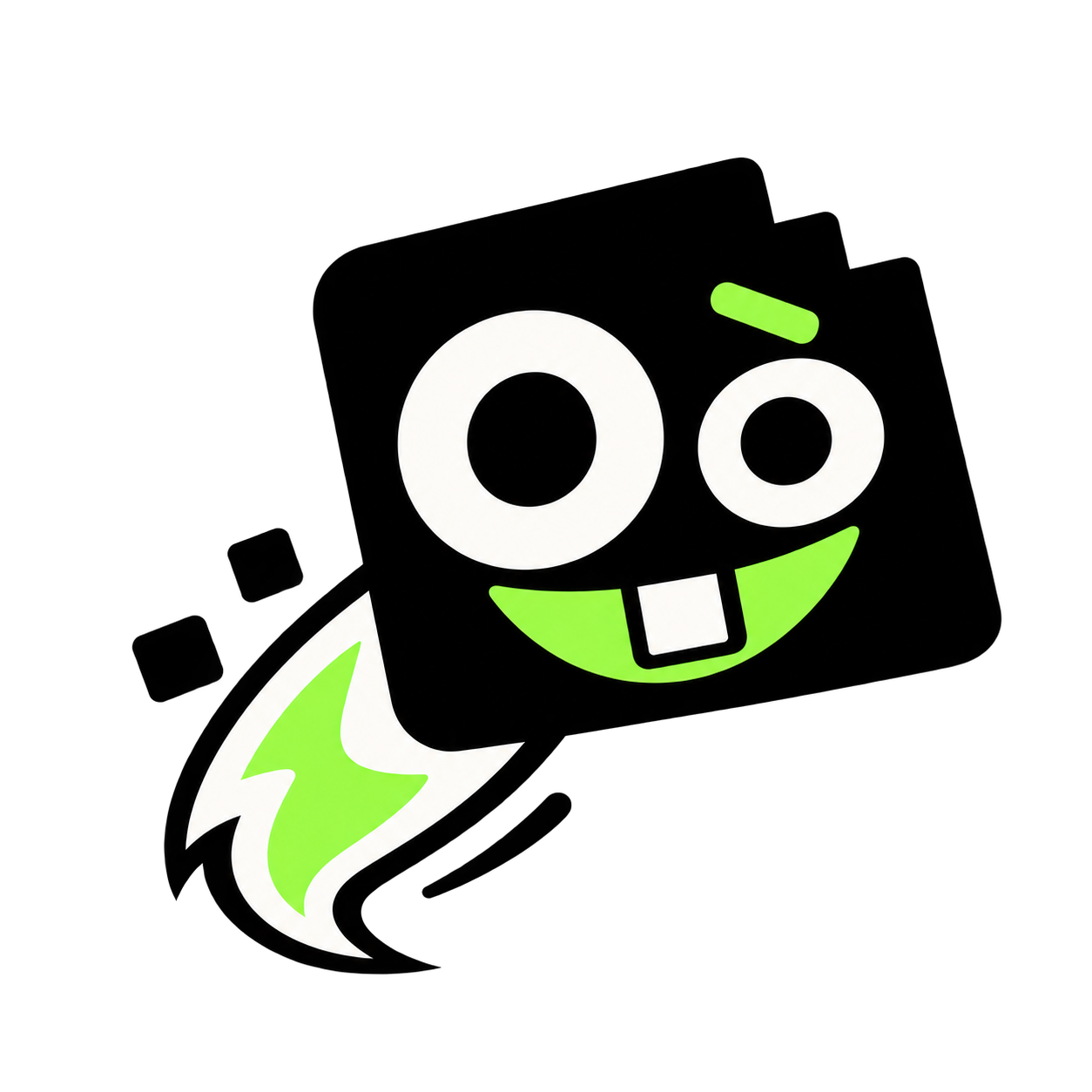 The OO mascot, a playful black block with two round eyes and a rocket tail